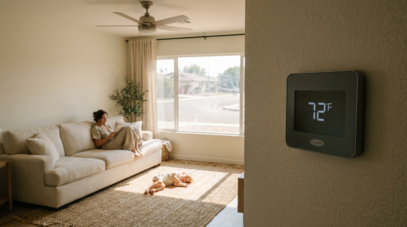 Family with Carrier thermostat on a hot summer day