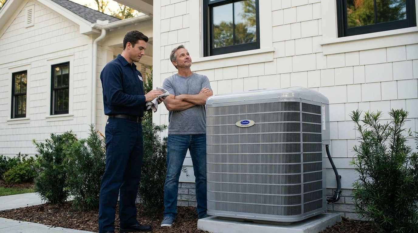 Tech and homeowner beside freshly installed Carrier unit