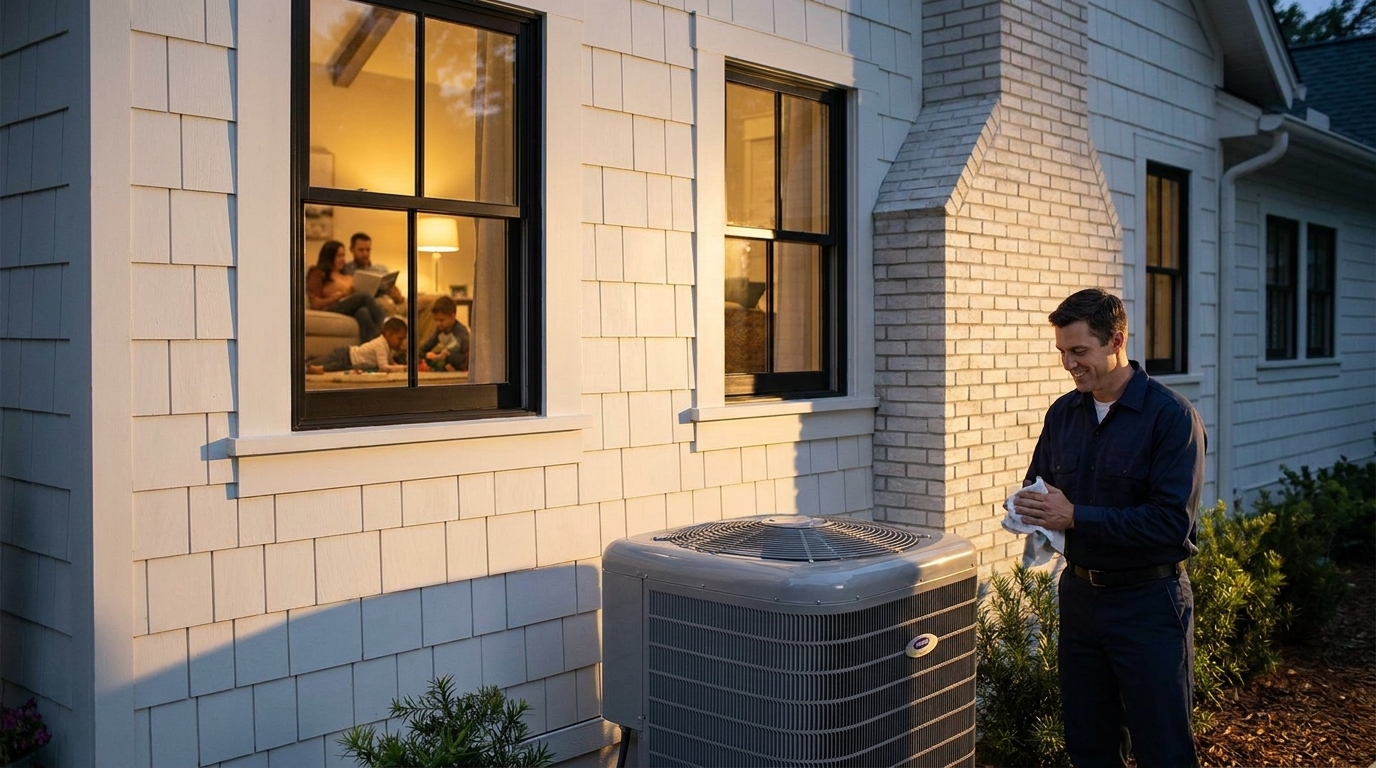 Carrier unit at golden hour with family visible through window
