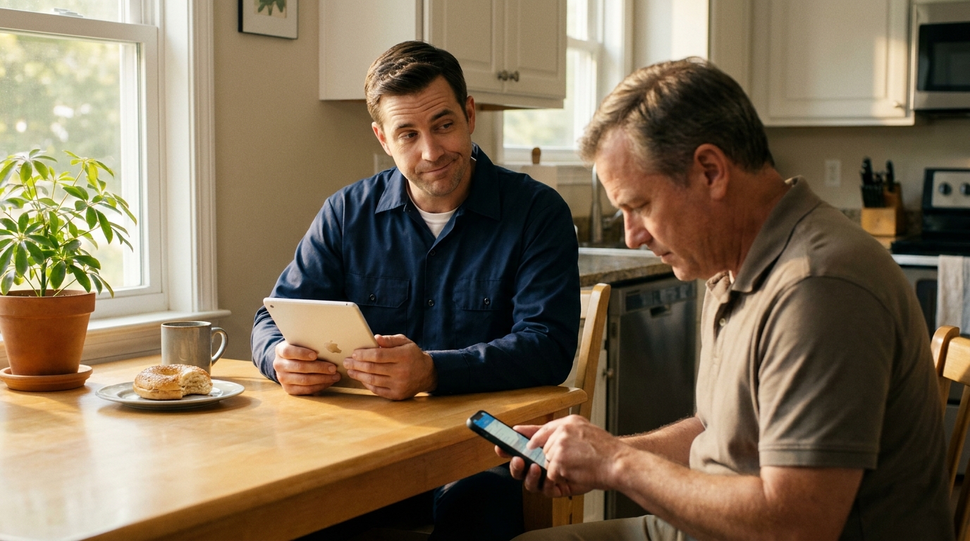 A tech watching a homeowner Google his company mid-quote